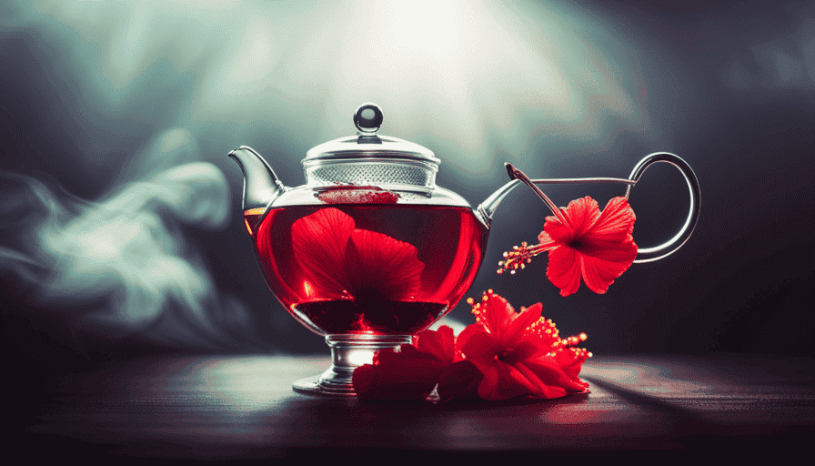 An image showcasing a vibrant red hibiscus flower gently steeping in a glass teapot, surrounded by steam rising from the infusion, capturing the essence of brewing fresh hibiscus flower tea