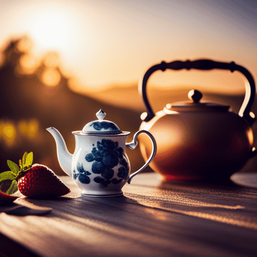 An image showcasing a vibrant teapot surrounded by freshly harvested fruits like strawberries, blueberries, and oranges