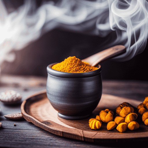 An image showcasing a steaming cup of golden turmeric tea, gently swirling with aromatic steam