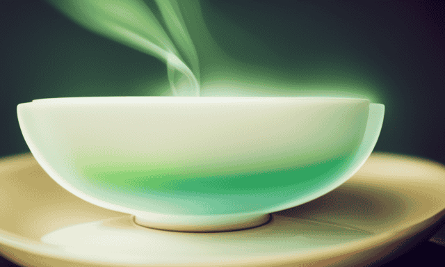 An image featuring a ceramic teacup filled with vibrant green oolong tea, topped with a luscious layer of velvety cream