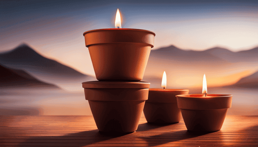An image capturing the mesmerizing sight of tea lights flickering inside stacked flower pots, radiating a cozy warmth