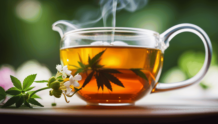 An image capturing the serene ritual of brewing hemp flower tea: a delicate teapot pouring steaming golden liquid into a dainty cup adorned with floating hemp blossoms, against a backdrop of lush greenery