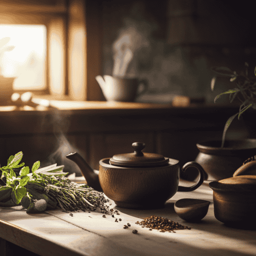 An image showcasing a serene, sunlit kitchen scene: a rustic wooden table adorned with fresh herbs, a steaming teapot pouring into a delicate floral teacup, and a mortar and pestle gently grinding dried herbs
