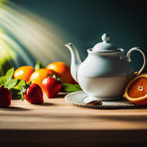 An image that showcases a vibrant teapot filled with fragrant herbal fruit tea, gently steeping