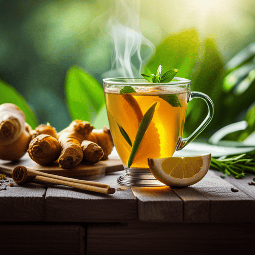 An image showcasing a steaming cup of herbal honey and ginger tea with a slice of lemon, surrounded by vibrant green herbs and fresh ginger roots