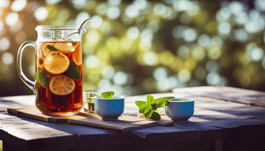 An image showcasing a glass pitcher filled with refreshing herbal iced tea, adorned with sprigs of fresh mint and slices of lemon, alongside a stack of colorful tea cups on a rustic wooden table