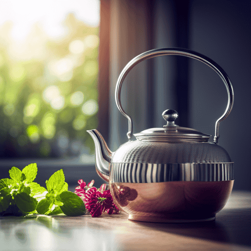 An image showcasing a serene and peaceful setting: A sunlit kitchen with a gleaming teapot, overflowing with vibrant, fresh herbs