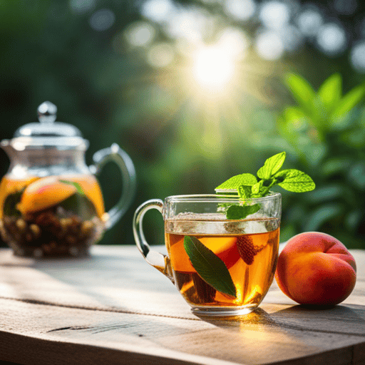 An image of a serene garden scene, with a rustic wooden table adorned with a glass teapot filled with golden herbal peach tea, surrounded by fresh peaches, mint leaves, and aromatic dried herbs