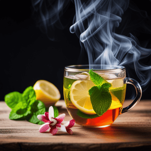 An image showcasing a steaming cup of herbal peppermint tea adorned with vibrant, fresh mint leaves and slices of zesty lemon