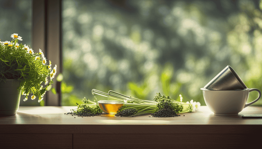 An image showcasing a variety of vibrant, aromatic herbs such as chamomile, lavender, and peppermint, artfully arranged with delicate tea infusers, as sunlight filters through a kitchen window, setting a warm, inviting mood