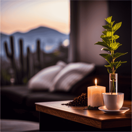 An image showcasing a serene ambiance, featuring a handmade, translucent candle made of natural beeswax infused with vibrant herbs, softly illuminating a cozy living room adorned with aromatic tea leaves and delicate teacups