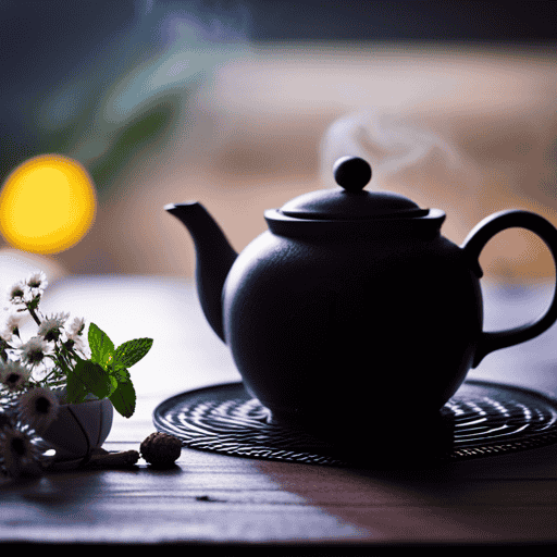 An image showcasing a cozy scene with a steaming teapot on a wooden table, surrounded by freshly picked aromatic herbs like peppermint, chamomile, and ginger, along with a bowl of sliced lemons