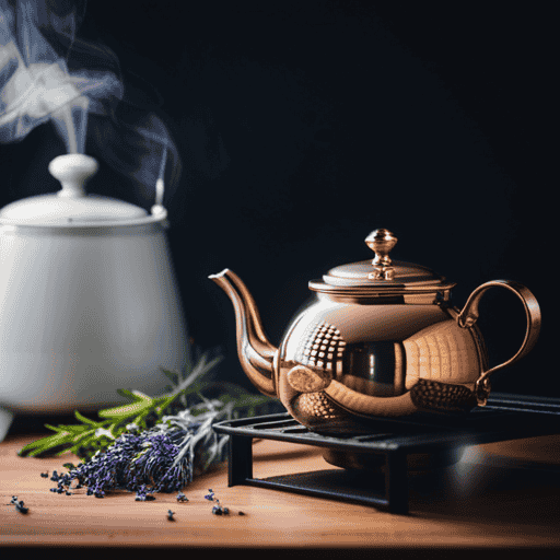 An image showcasing a cozy kitchen scene with a steaming teapot on a rustic stove