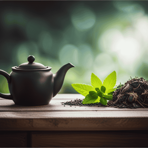 An image showcasing a serene setting with a teapot and an assortment of dried herbs such as saw palmetto, nettle, and green tea leaves