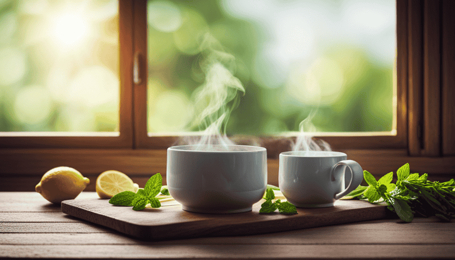 An image capturing the serene ambiance of a cozy kitchen, featuring a steaming mug of aromatic herbal tea made from fresh ingredients like green tea leaves, lemon slices, mint leaves, and ginger, all beautifully arranged on a wooden tray