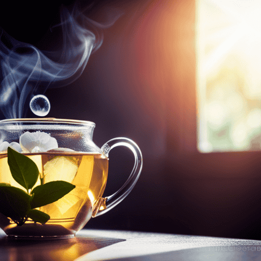 An image showcasing a serene morning scene with a delicate jasmine flower delicately steeping in a transparent teapot, releasing fragrant tendrils of steam, as sunlight filters through a nearby window