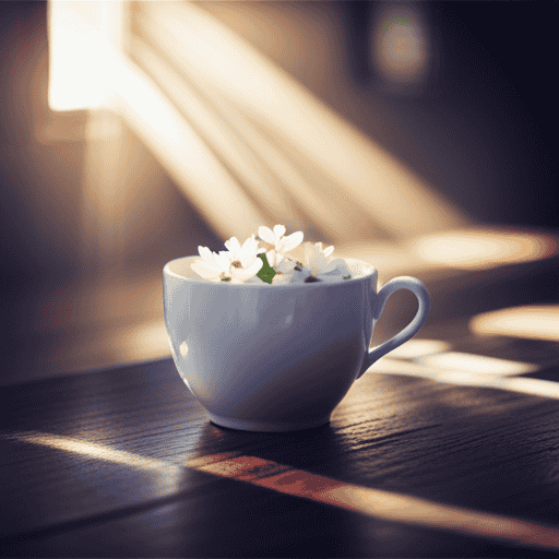 An image showcasing a serene scene: a delicate white teacup, filled with fragrant jasmine flowers steeping in steaming water