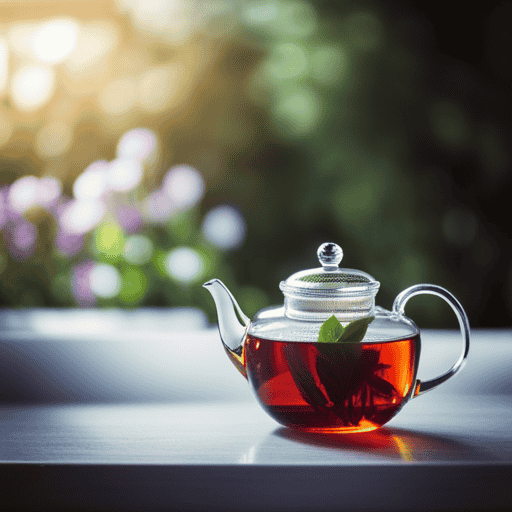An image showcasing a serene, sunlit kitchen scene with a delicate porcelain teapot, brimming with aromatic jasmine flowers, gently infusing in a glass cup filled with steaming herbal tea