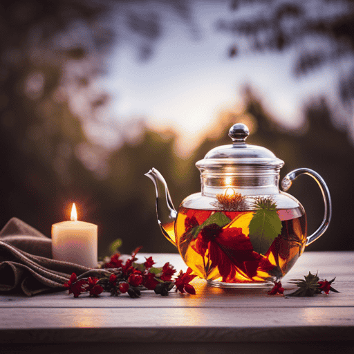 An image capturing a serene scene of a hand-picked assortment of fresh, fragrant herbal leaves gently steeping in a glass teapot over a flickering candle flame, infusing the room with a comforting aroma