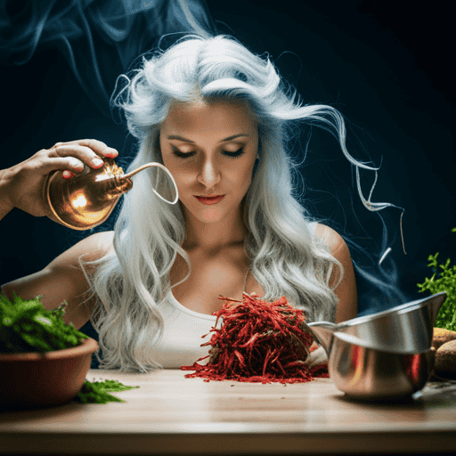 An image showcasing a woman pouring a warm infusion of fragrant herbs over her lustrous hair
