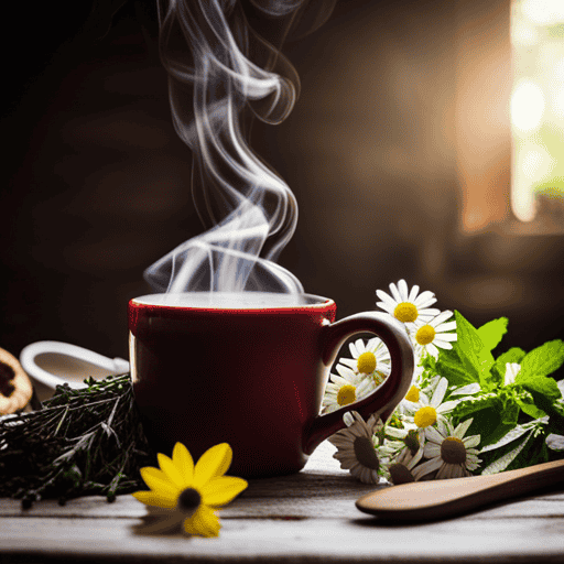 An image showcasing a close-up view of a steaming mug filled with fragrant herbal tea, surrounded by an array of fresh ingredients like chamomile flowers, mint leaves, and sliced lemons, beautifully arranged on a rustic wooden table