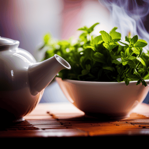 An image capturing the serene ritual of making herbal tea in a pot: a delicate porcelain teapot pouring steaming water over a medley of aromatic herbs, their vibrant colors swirling gracefully