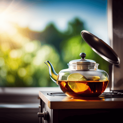 An image capturing the process of making herbal tea in a pot: a steaming teapot atop a stove, filled with aromatic herbs, as gentle tendrils of steam rise and delicate leaves unfurl, infusing the water with their vibrant colors and flavors
