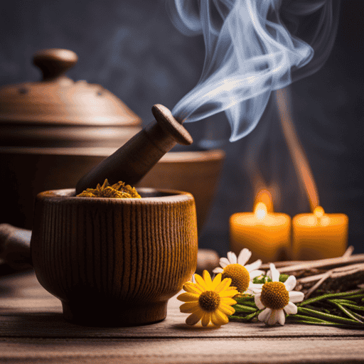 An image showcasing a wooden mortar and pestle filled with dried chamomile flowers, a kettle steaming with infused herbal tea, and a Conan Exiles character delicately pouring the golden liquid into a clay cup