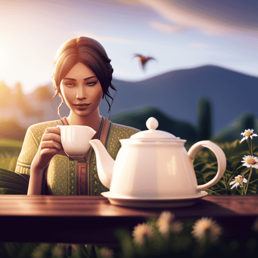 An image showcasing a Sim in Sims Freeplay gently plucking fresh chamomile flowers from a vibrant garden, then steeping them in a teapot with boiling water, creating a soothing cup of herbal tea