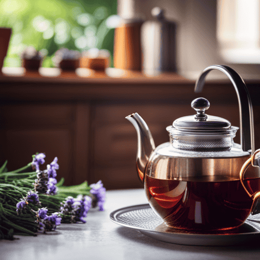 An image featuring a serene, sunlit kitchen with a vintage teapot pouring steaming water over delicate chamomile flowers, vibrant mint leaves, and fragrant lavender buds, perfectly capturing the art of making a soothing herbal tea infusion