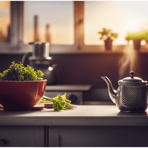 An image showcasing a serene, sunlit kitchen counter adorned with a delicate teapot, an assortment of vibrant and fragrant herbs freshly picked from a rooftop garden, and a steaming cup of homemade herbal tea