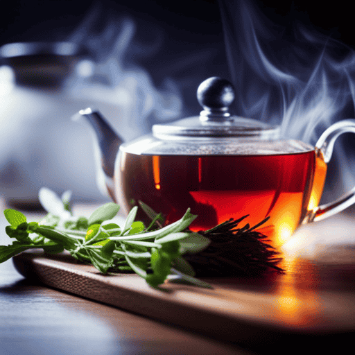 An image showcasing a serene kitchen scene with a wooden tea pack being gently opened, as fresh herbs pour out into a vibrant teapot, surrounded by delicate steam and an inviting cup