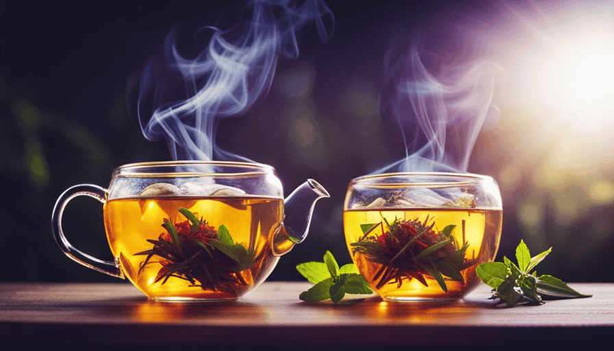 An image showcasing a steaming cup of herbal tea infused with vibrant, aromatic herbs