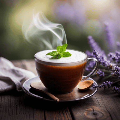 An image showcasing a steaming cup of herbal tea with swirls of creamy white foam on top, adorned with a delicate drizzle of honey, and accompanied by a plate of assorted herbal ingredients like lavender, chamomile, and mint