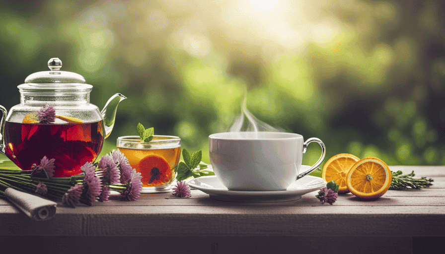 An image of a steaming cup of herbal tea adorned with fragrant herbs and citrus slices