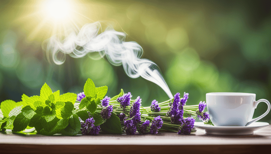 An image showcasing a vibrant assortment of fresh herbs like mint, chamomile, and lavender, artfully arranged alongside a steaming cup of herbal tea, infused with delicate flavors and enticing aromas