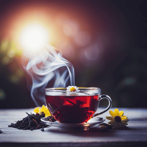 An image that showcases a steaming cup of dark amber herbal tea, reminiscent of black tea
