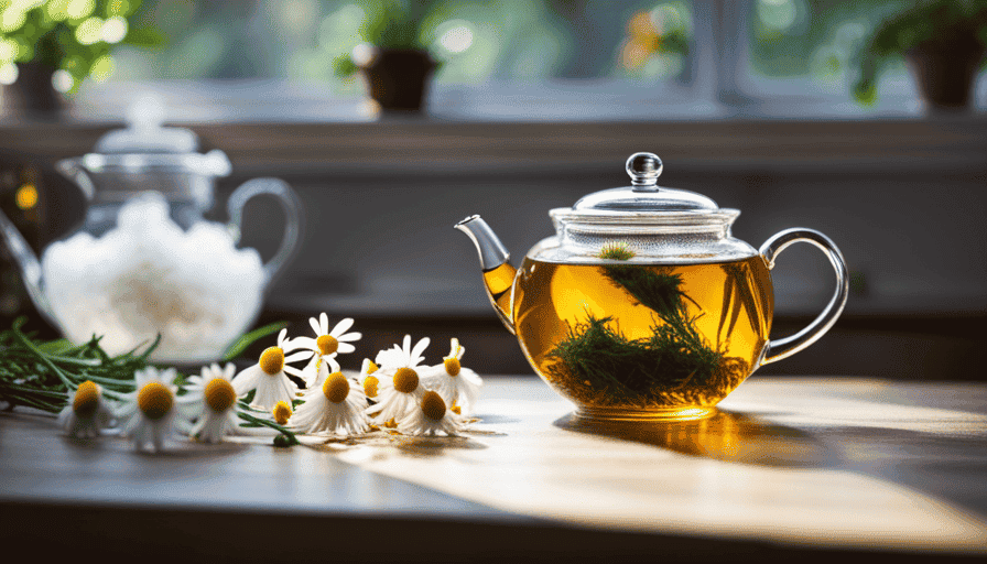 An image showcasing a serene, sunlit kitchen scene: a delicate teapot filled with freshly picked chamomile flowers gently steeping in a clear glass cup, as wisps of steam dance around the fragrant brew