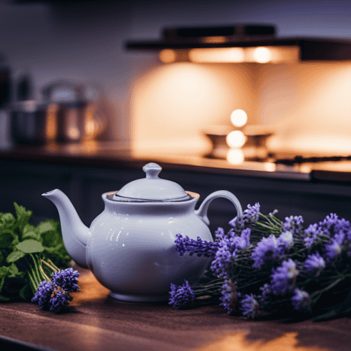 An image showcasing a cozy kitchen scene with a teapot steeping herbal tea, surrounded by aromatic herbs like chamomile, lavender, and mint