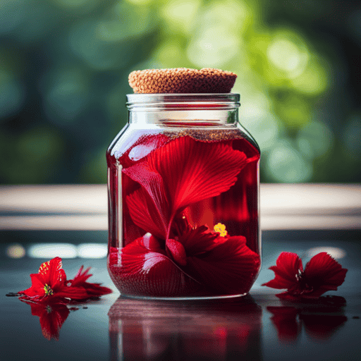 An image showcasing a glass jar filled with a vibrant crimson hibiscus flower tea kombucha, nestled amidst blooming hibiscus flowers, with delicate bubbles gracefully rising to the surface