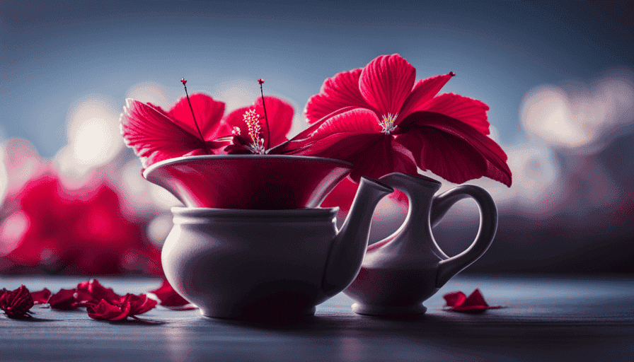 An image showcasing the process of making hibiscus flower tea: a vibrant bouquet of freshly picked hibiscus flowers, their petals gently steeping in a teapot filled with steaming water, releasing their rich crimson color