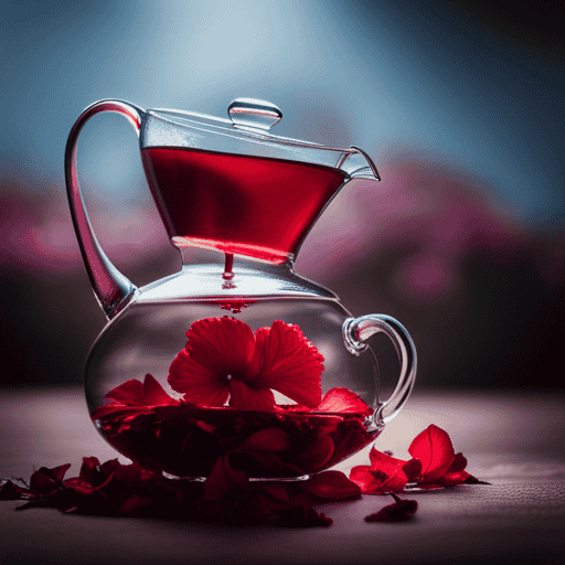 An image capturing a vibrant hibiscus flower slowly infusing its deep crimson color into a clear glass teapot filled with steaming water