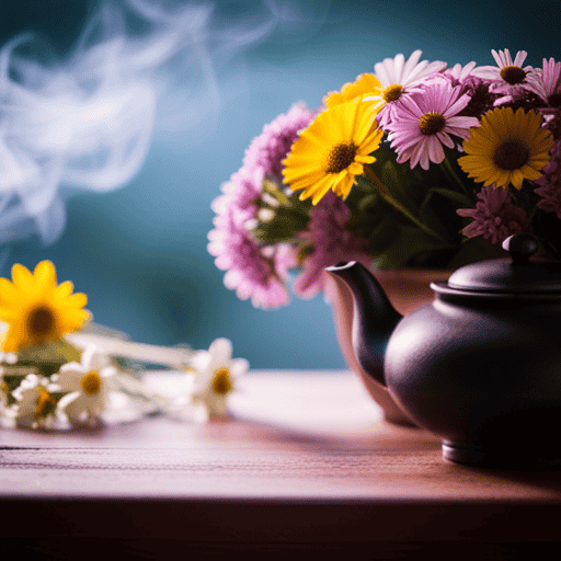 An image showcasing a rustic wooden table adorned with vibrant, freshly-picked flowers and leaves, surrounding a steaming teapot filled with a fragrant, earthy blend of chamomile, lavender, and peppermint