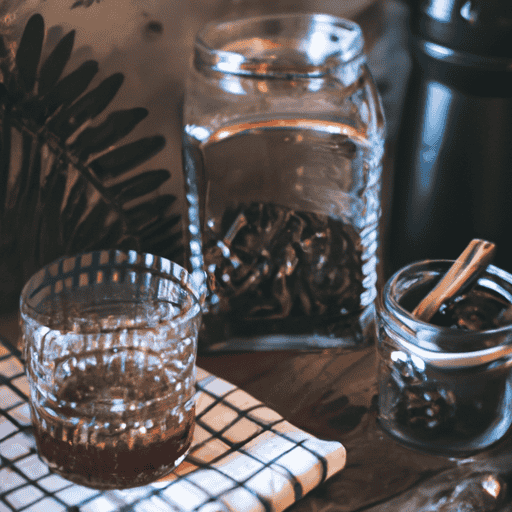an inviting scene of a rustic kitchen counter adorned with an array of fresh coffee beans, a mason jar filled with rich, dark homemade coffee liqueur, and a sleek vegan-friendly cocktail glass ready to be poured