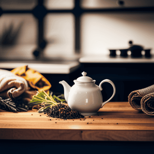 An image depicting a cozy kitchen scene with a wooden countertop adorned with various dried herbs, delicate muslin bags filled with fragrant tea blends, and a teapot steaming with freshly brewed herbal tea
