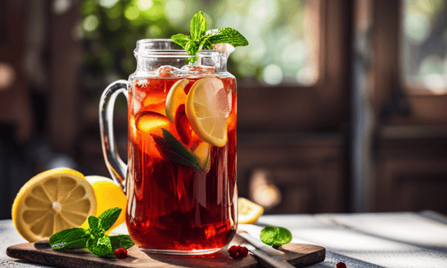 An image showcasing a glass pitcher filled with vibrant crimson-hued homemade Rooibos iced tea, adorned with slices of fresh lemon and sprigs of aromatic mint leaves, glistening with condensation on a sunlit wooden table