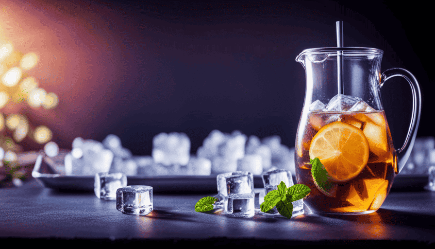 An image capturing the process of making iced herbal tea: A glass pitcher with freshly brewed herbal tea, exuding steam, is gently poured over a crystal-clear ice-filled glass, showcasing the refreshing infusion
