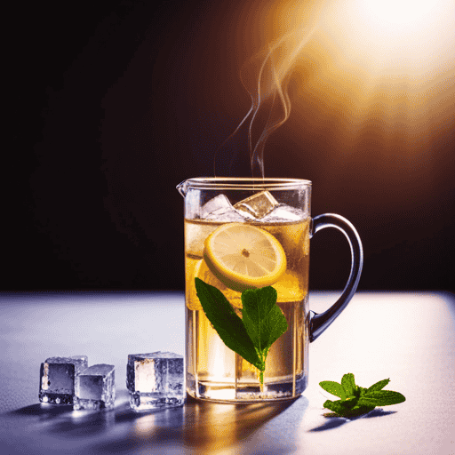 An image showcasing the step-by-step process of making iced herbal tea: a vibrant green tea bag submerged in a pitcher of crystal-clear ice water, surrounded by freshly picked herbs and slices of lemon, all glistening with condensation