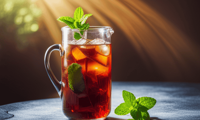 An image of a glass pitcher filled with vibrant red iced tea made from freshly brewed rooibos leaves
