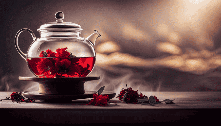 An image showcasing vibrant dried hibiscus flowers steeping in a glass teapot surrounded by steam